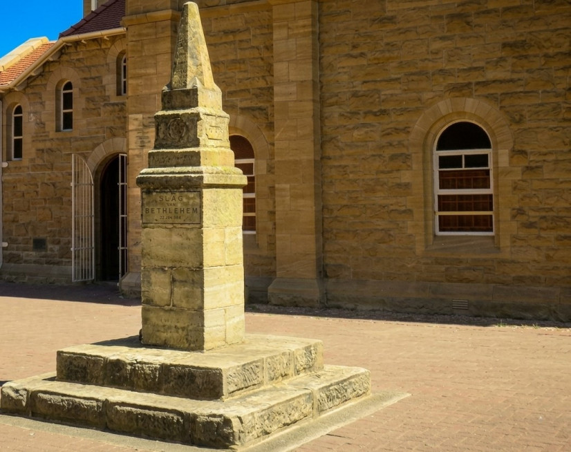 historic Bethlehem church architecture associated with the 1866 battle monument